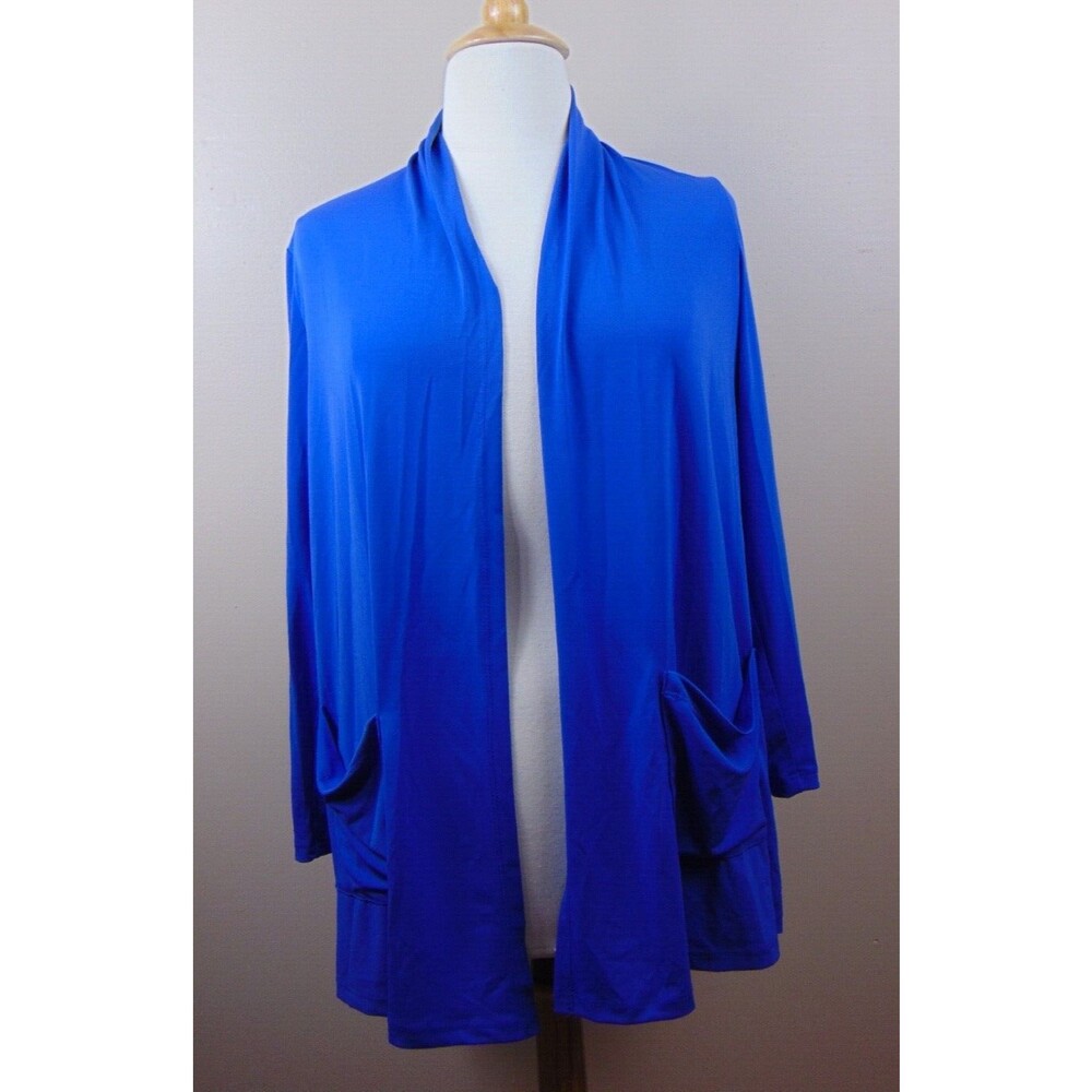 Susan Graver Top Women's Large Blue Liquid Knit Open Front Cardigan Pockets